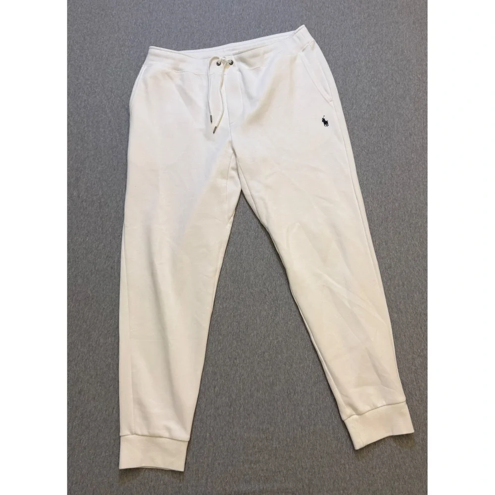Polo Ralph Lauren Mens White Fleece Jogger Sweatpants Navy Pony Logo Size Large
